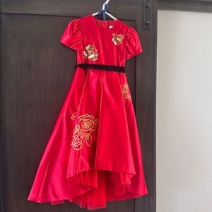 Le Mu Red & Gold Satin Dress Christmas Dress